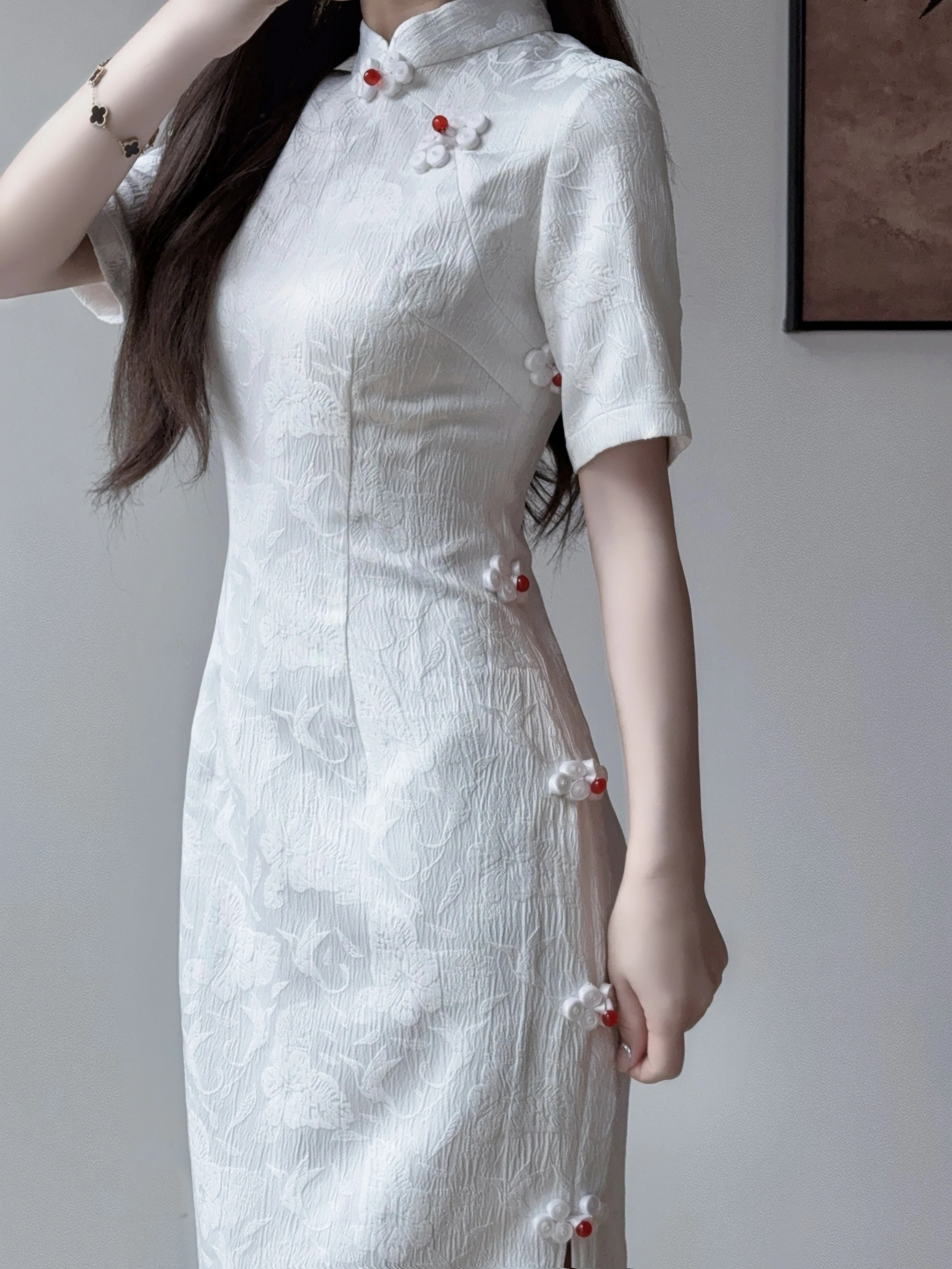 

Оригинальное китайское платье с пуговицами и 3D цветочным узором, высококачественное, с длинными рукавами