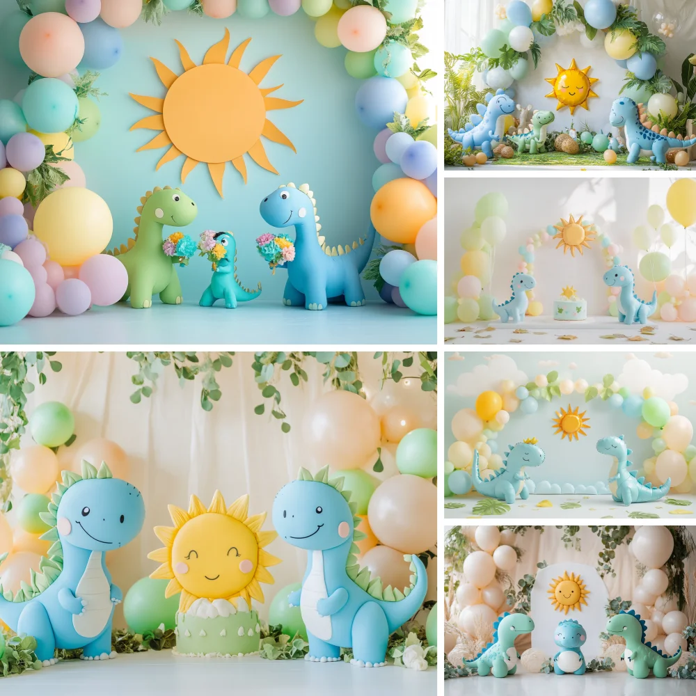 

Cute Dinosaurs Backdrop For Children Kids Photography Studio Balloons Forest Banner Background Printing Customize Name Photo