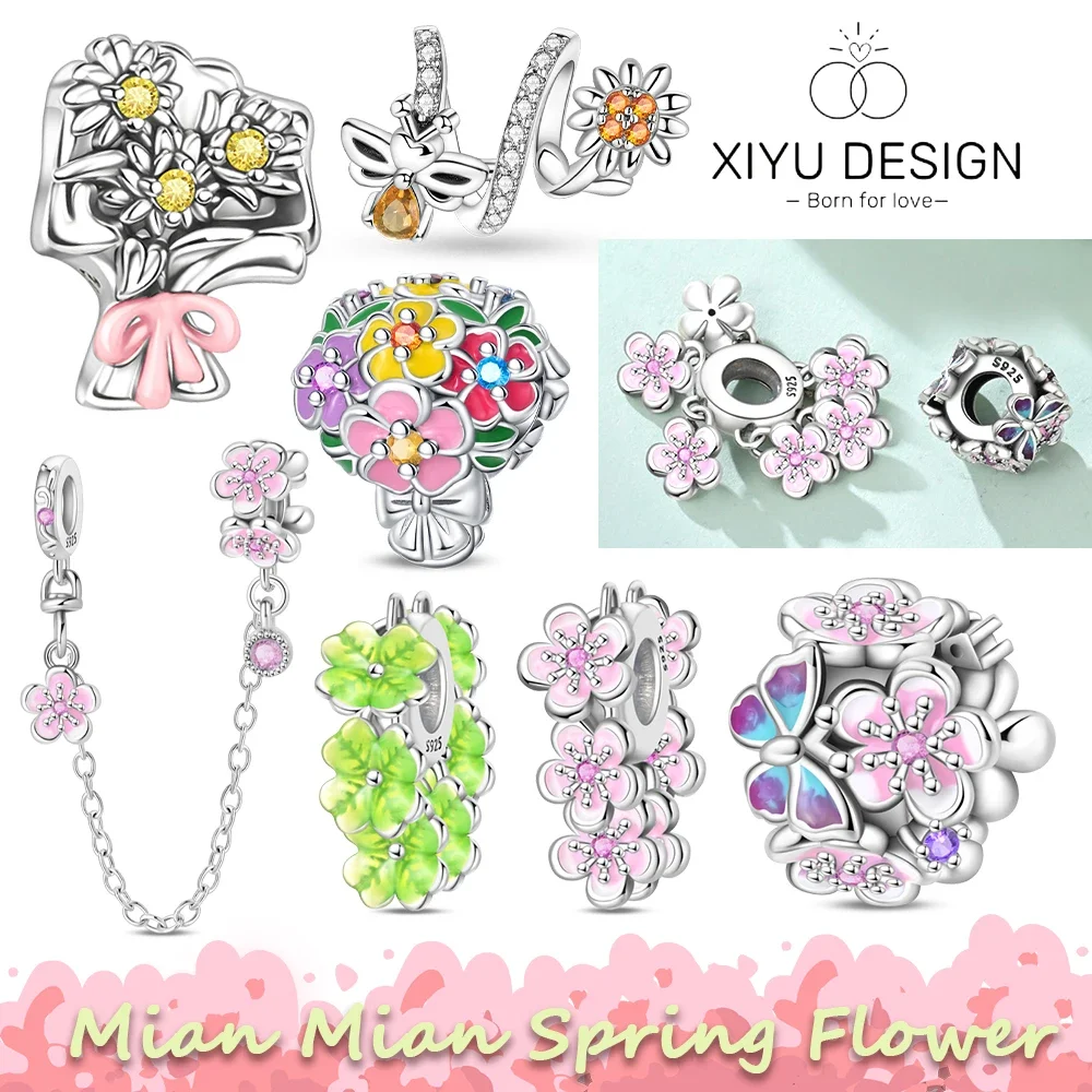 New 925 Silver Romantic Spring Flower Blossoms Beads Fit Original Bracele for Women Diy Bead for Matching Jewelry Making Gift