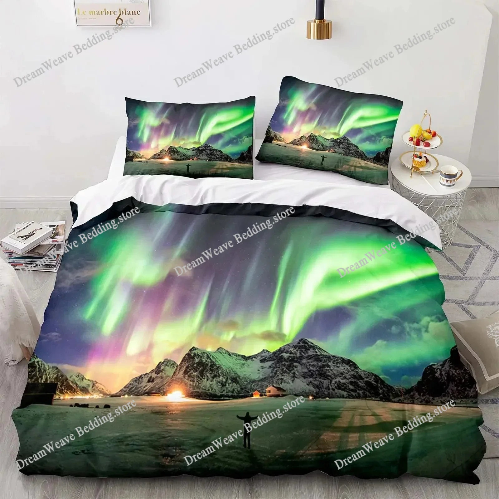 

3D Print Landscape Duvet Cover Mountain Flowing Water Bedding Set Aurora Special Bedclothes with Pillowcases Teens Quilt Cover