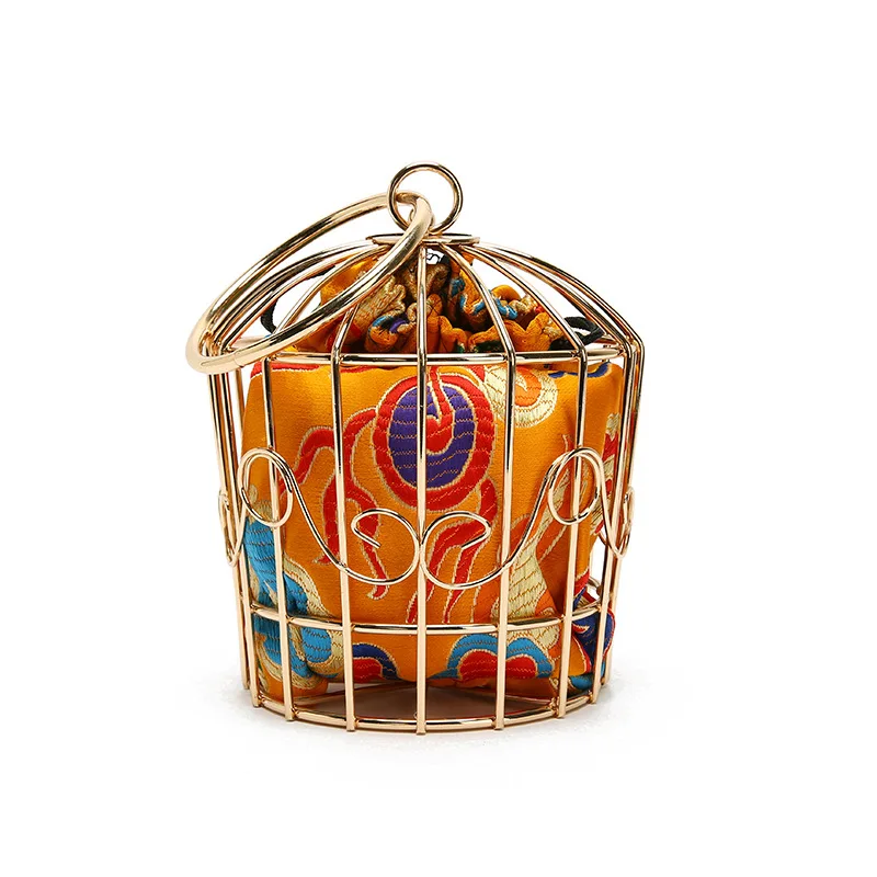 

Women's Birdcage Evening Bag Clutch Metal Frame Embroidery Bucket Bird Cage Mini Bag Purse Women Gold Tassel Handbag