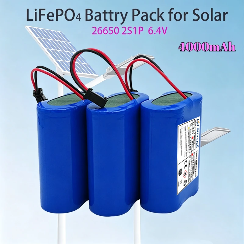 6,4V LiFePO4 Akku-Pack 4000mAh mit integriertem BMS 26650 2S1P Zelle Lithium-Eisenphosphat für Solarleuchten und Straßenbeleuchtung