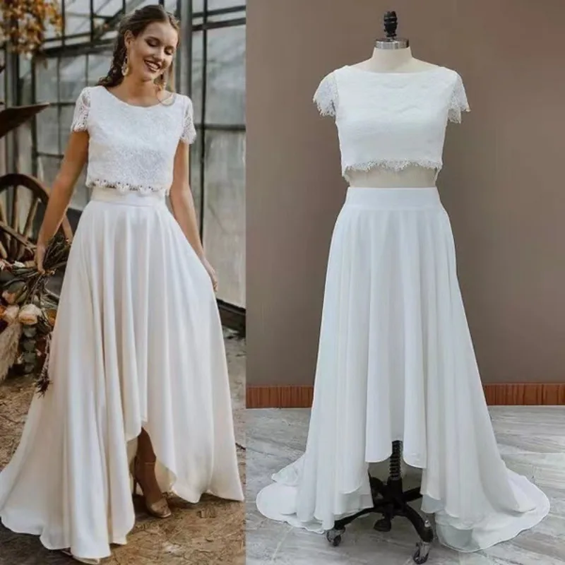 

Women Travel Wedding Dress Shoulder 2piece Lace Wedding Dress Satin