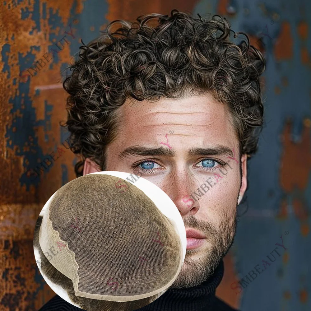 Men's 20mm Curly Q6 Lace Front Wig with PU Toupee Breathable Human Hair Replacement System #22r Blonde Bleached Knots Hairpieces