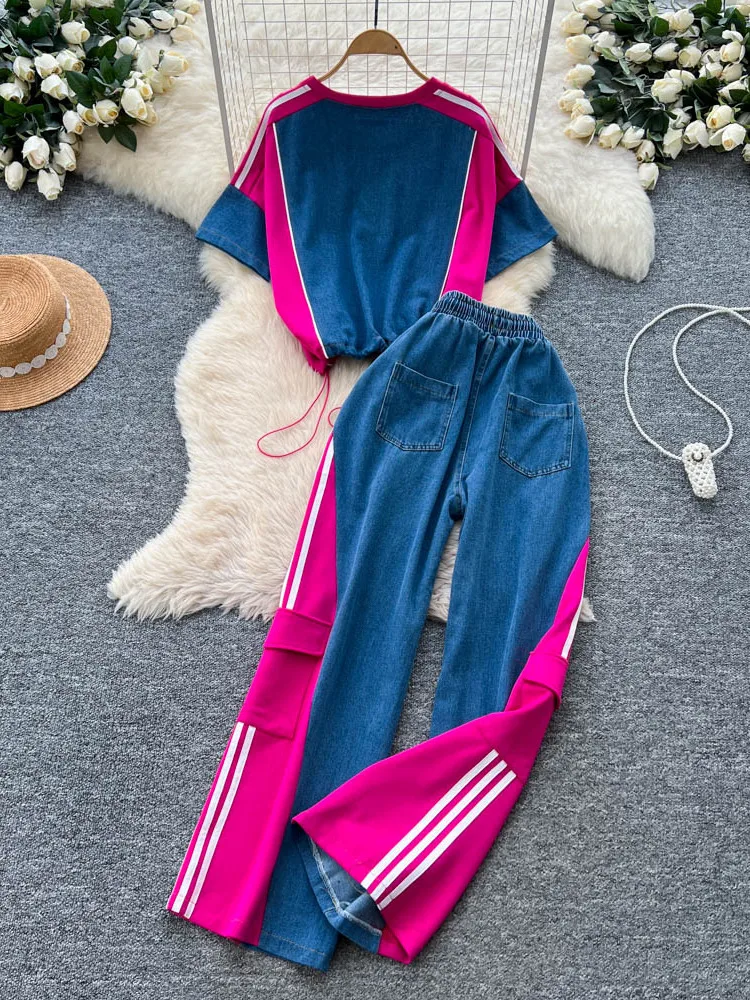 ชุดลำลองแฟชั่นสำหรับผู้หญิง กางเกงขายาวเอวสูงทรงขากว้าง และเสื้อยีนส์คอกลมแบบมีเข็มขัด