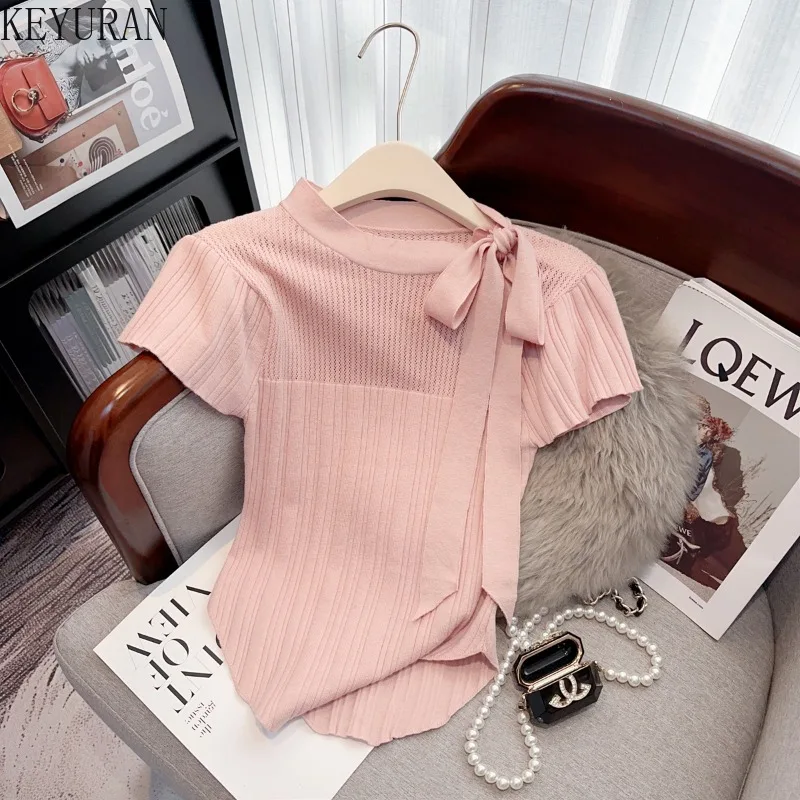 Summer Sweet Slim Ice Silk Knit T-shrit Sweater Women Lace-up Collar Hollow Out Short Sleeve Sweater Pullover Knitwear Tops Tees