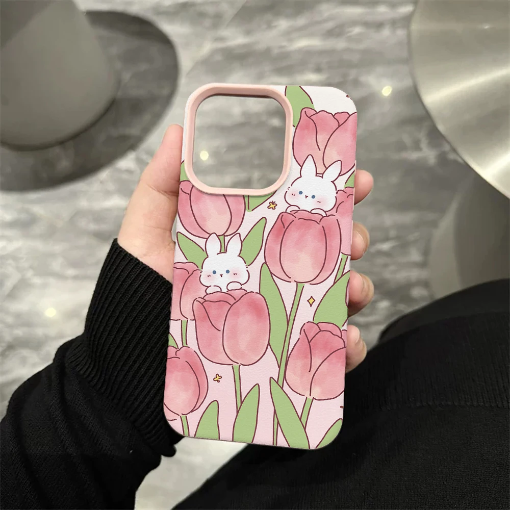 Rosa Tulpe Weißer Hase Handyhülle für iPhone 17 16 15 14 13 12 Pro Max 16 15 14 Plus 17 16 15 14 Pro 17Air Silikon Matte Hülle – Detail 7