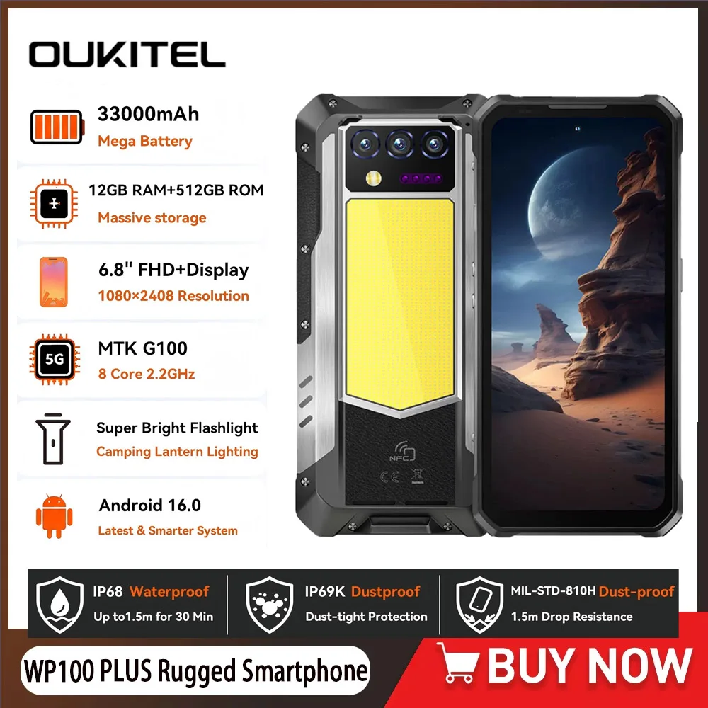 OUKITEL WP100 PLUS Android 16 Rugged Smartphone 33000mAh Battery Phone 64MP AI Camera 12GB RAM 512GB ROM Storage Helio G100 Chip