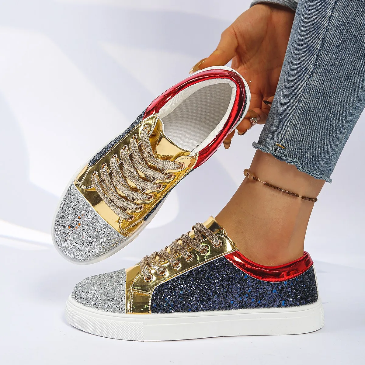 

Trendy Low Heel Casual Shoes Sequin Patchwork Multi-Color Design Board Shoes New Style Comfortable Footwear