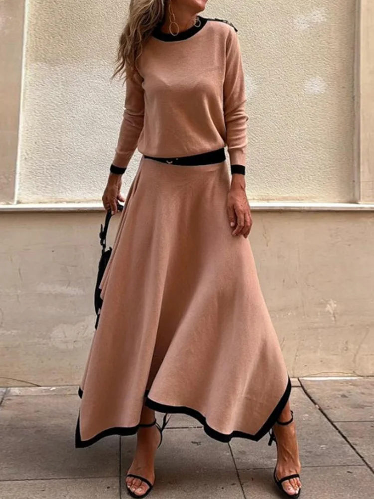 Women Long Sleeve Maxi Skirts 2PCS Outfit, Autumn Fashion O Neck Pullover Top Matching Sets, 2024 Solid Patchwork Ladies Suits