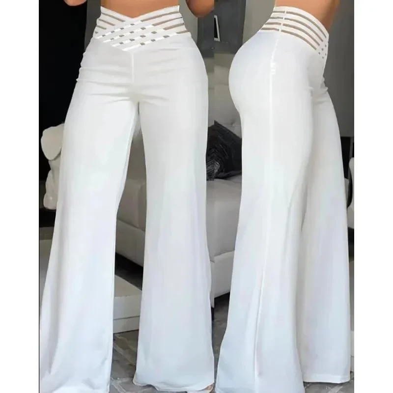 Women Flared Pants Elegant Office Lady Casual High Waist Trousers Spring Summer Solid Crisscross Sheer Mesh Patch Wide Leg Pant