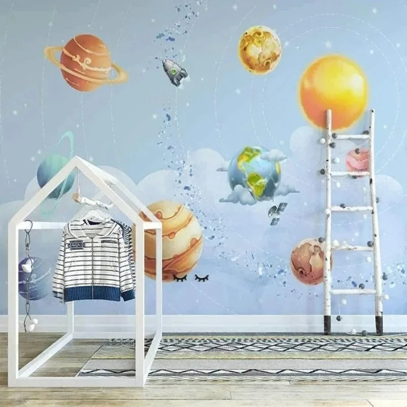 Wall Mural Hand-Painted Cartoon Space Planets Clouds Pattern Kids Room Wallpaper Wall Covering for Nursery Bedroom Papier Peint