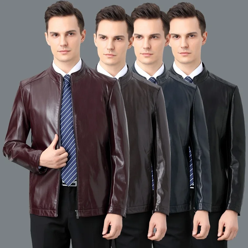 

Новый стиль, мужская кожаная куртка Haining среднего и молодого возраста, осенняя тонкая кожаная куртка с бархатным воротником-стойкой, мужская кожаная куртка