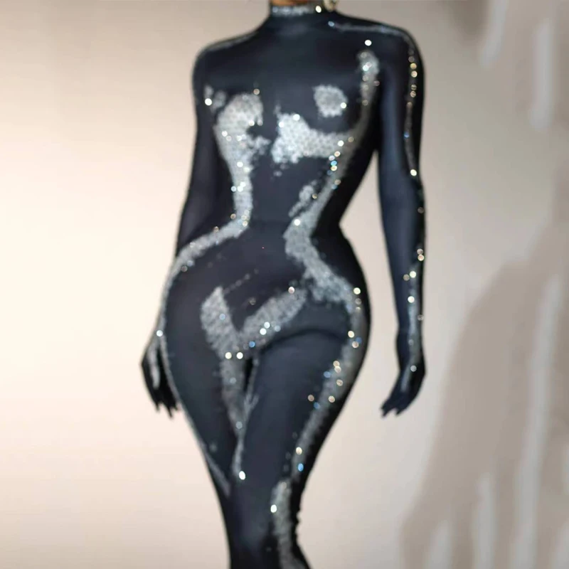 Bar club nocturno Ds Dj escenario Gogo traje Retro de manga larga mono con diamantes de imitación mujeres rendimiento disfraz de Reina Drago XS7649