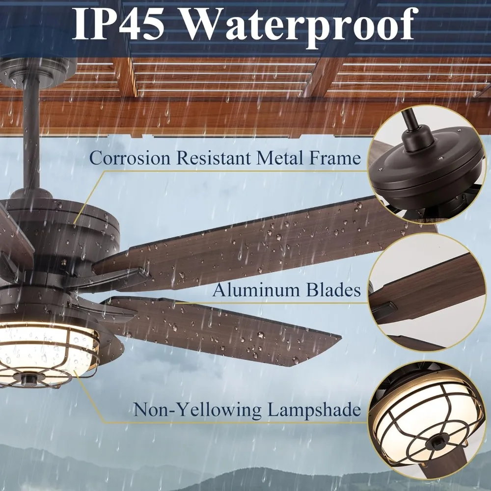 Outdoor Ceiling Fans with Lights and Remote,Waterproof 52 Inch Ceiling Fan, Gazebos,and Indoor, Wet Rated Farmhouse Modern Style