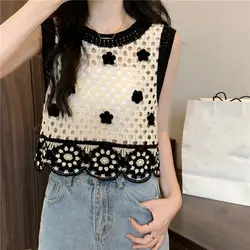 Vintage Knitting Hollow Out Tank Top Summer All-match Patchwork O-neck Sleeveless Top Tee Femme Trend Cienkie zbiorniki Odzież damska