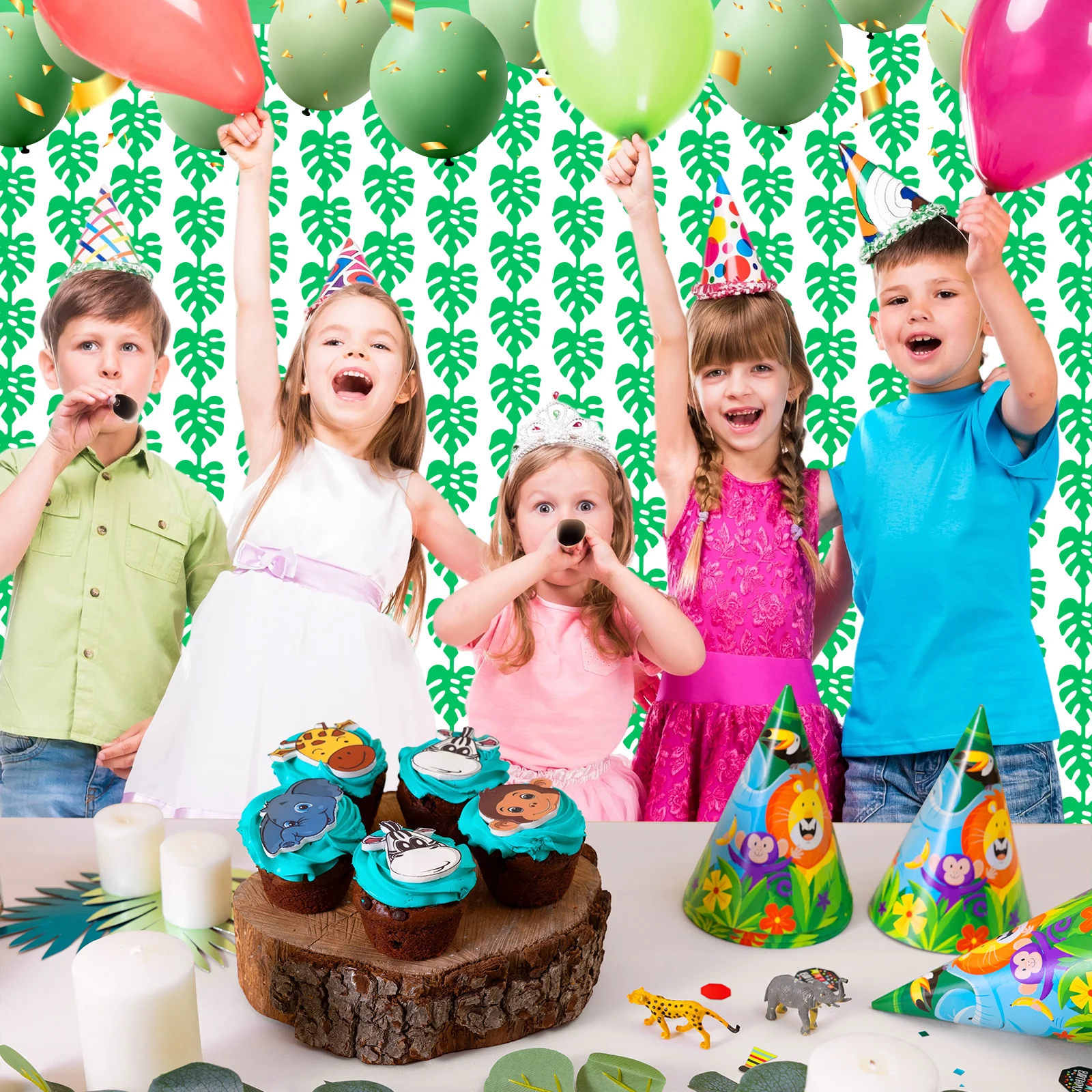 2팩 열대 파티 장식 3.3x6.6피트 녹색 야자수 잎 사진 부스 소품 여름 정글 잎 포일 프린지 커튼 (하와이용)