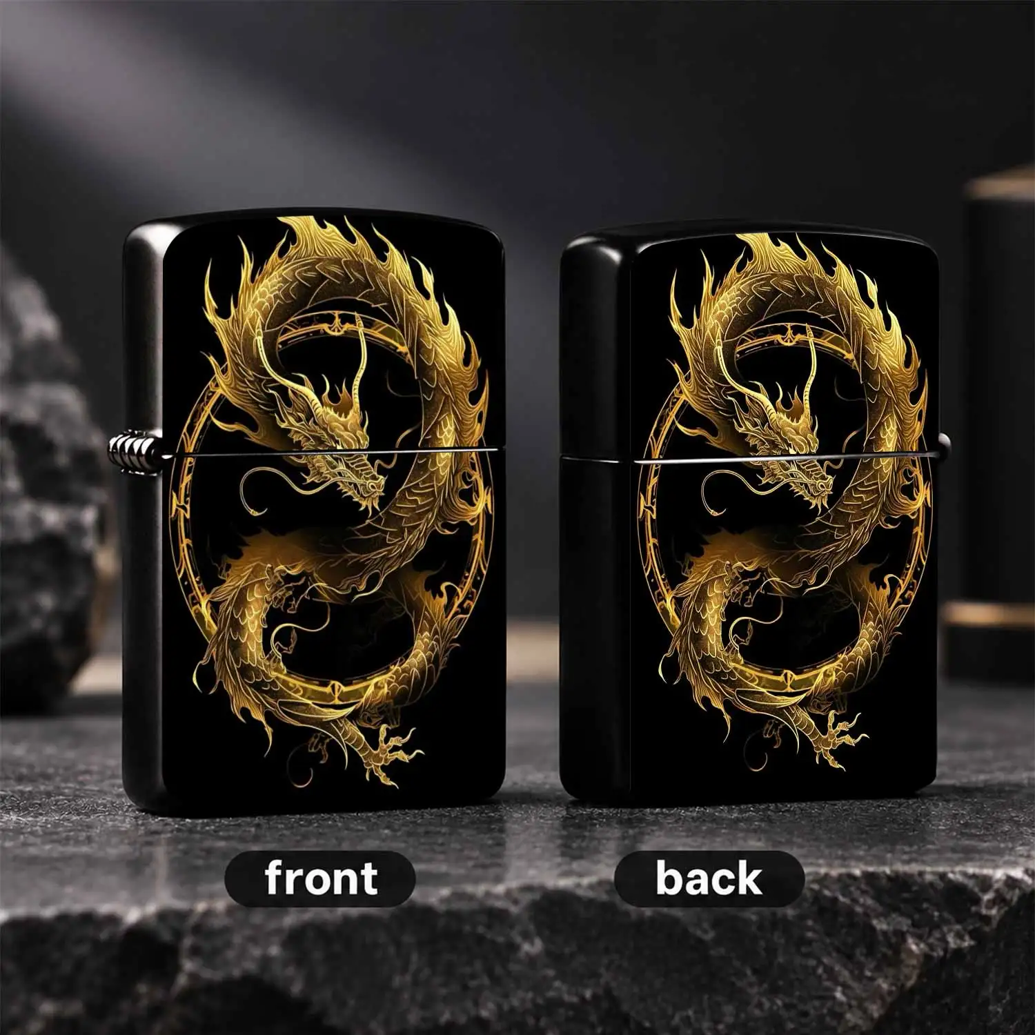 Vintage Eastern style Golden Dragon Lighter Windproof Durable Housing Custom Engravable Lighter Elegant BLACK Background Auspicious Dragon Pattern Desktop Ornament Gift for Men Dad Father Business Birthday Present Collectible Decorative I