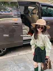 Two Piece Set Spring New Girls Korean Casual Striped Shirt Denim Pleated Skirt Set Kids Clothes Girls
