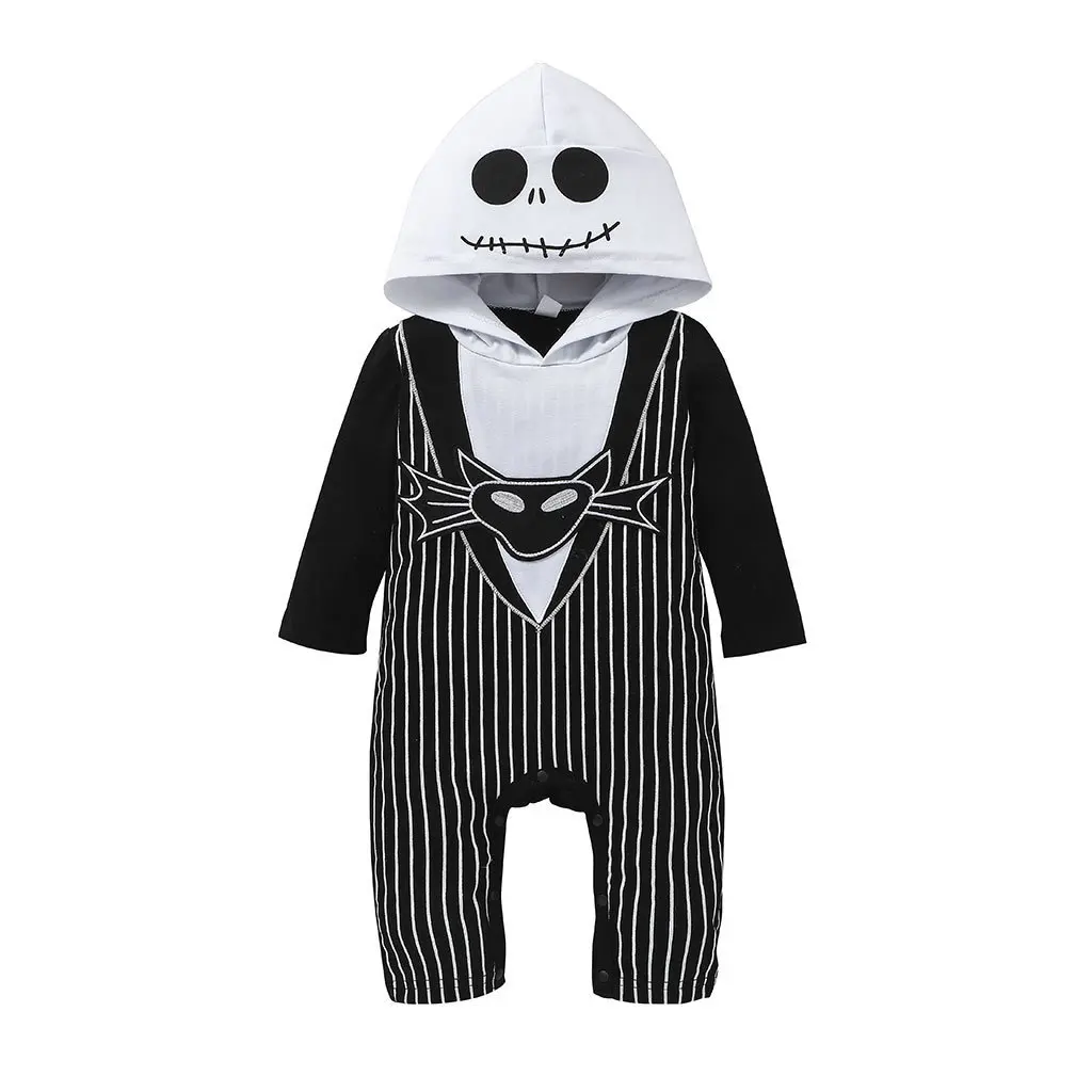 Schwarz-weiß gestreifter Skelett-Strampler mit Kapuze für Babys und Kleinkinder, für Halloween, Süßes oder Saures, Geburtstagsfeier, Cosplay-Kostüm – Detail 2