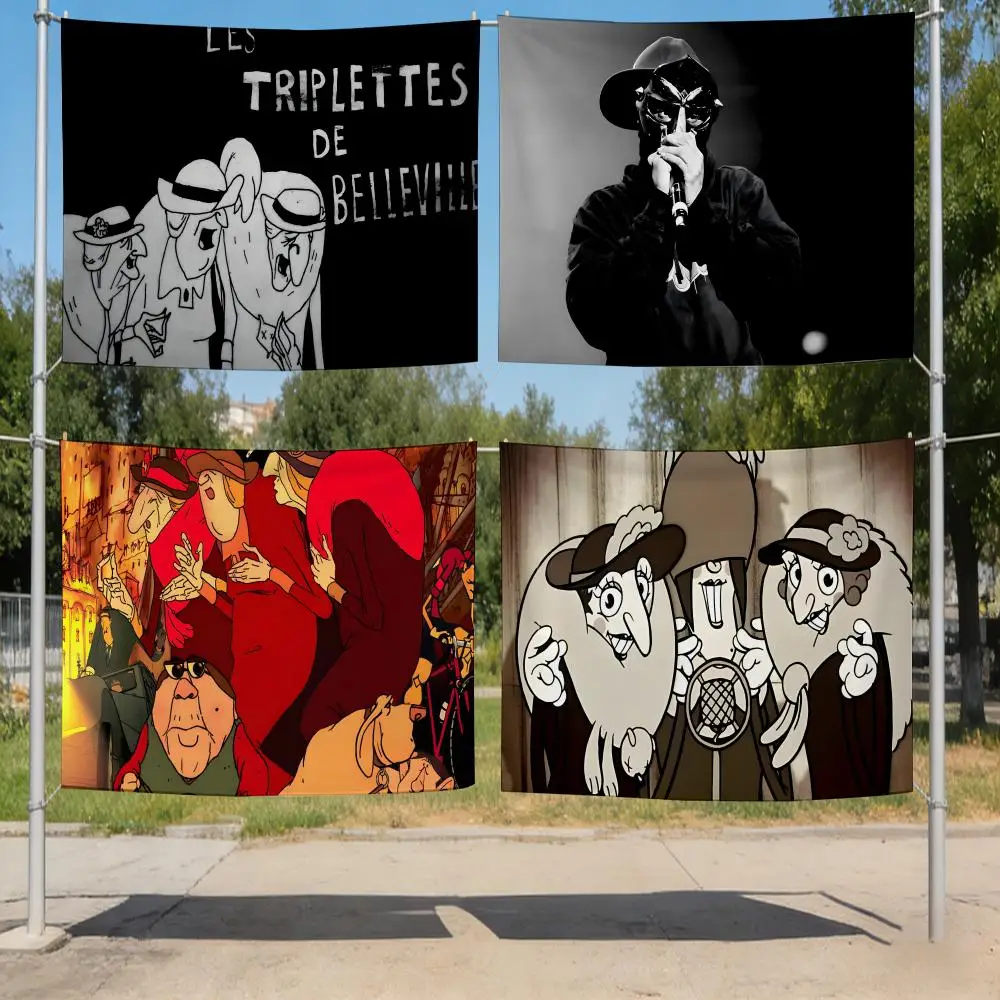 Banderas de la película Los Trillizos de Belleville, Bandera Acogedora para el Hogar sin Borde, con Ojales en las 4 Esquinas, Antiarrugas, Impermeable, para Interiores