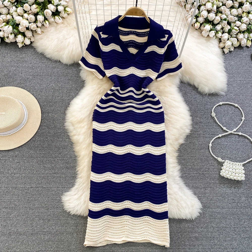 REALEFT Summer Vintage Striped Women\'s Kniited Dresses 2024 New Hollow Out Short Sleeve Polo V-Neck Elegant A-Line Dress Female