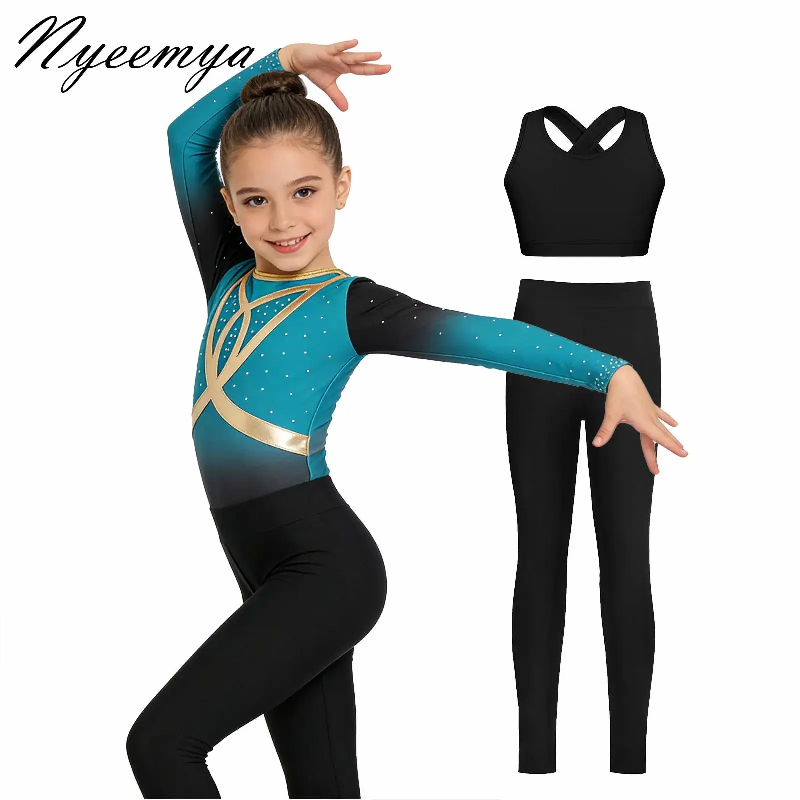 

Girls Artistic Gymnastics One-piece Jumpsuit with Vest Leggings Kids Long Sleeve Rhinestone Unitard Ballet Bodysuit Dancewear