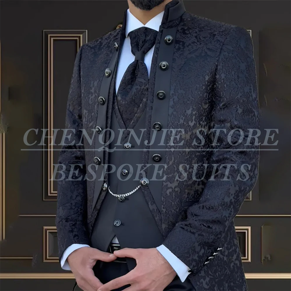 

Luxury Black Jacquard Fabric Men's Suits Elegant Single Breasted Slim Fit 3 Piece Jacket Pants Vest Fashion Blazer Full Sets