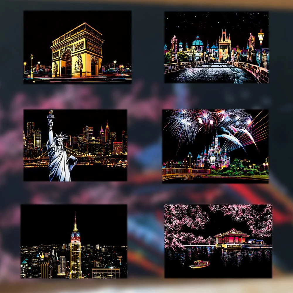 20*14 سنتيمتر DIY بها بنفسك المشهد الليلي اللوحة خدش الرسم الملون سلسلة الجذب العالمي للأطفال الكبار الضغط هدية ديكور المنزل