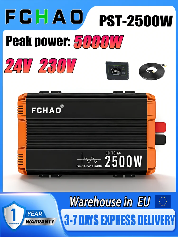 FCHAO EU Spot-Lieferung PST-2500W Stromwechselrichter 24V auf 230V Reiner Sinuswellen-Wechselrichter 50 Hz für den Heimgebrauch, Wohnmobil und Outdoor-Reisen