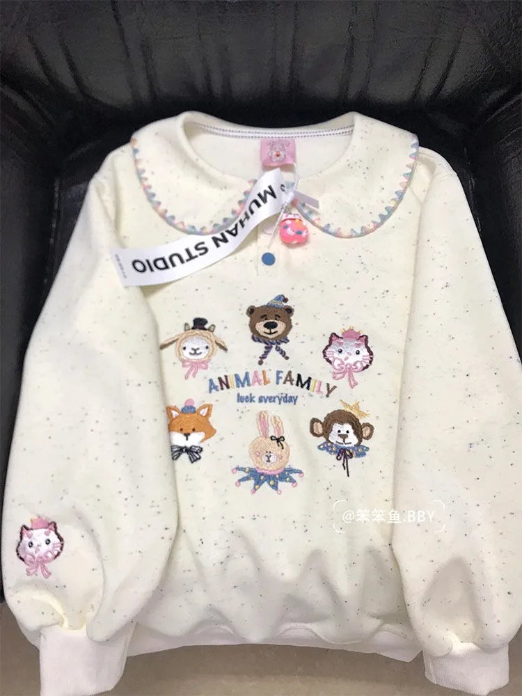 Japanese Sweet Cute Doll Collar Animal Embroidery Cartoon Hoodie Lovely Teens Girls Large Size Sweatshirt Pullover Loose Y2K Top