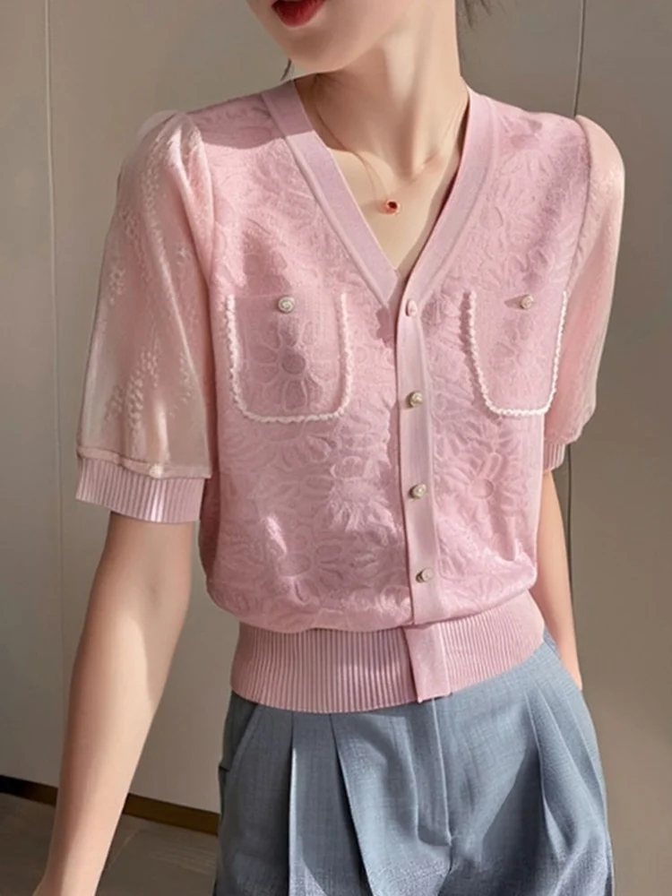 

Корейский стильный летний топ из трикотажного ледяного шелка с одной пуговицей, коротким рукавом и двумя карманами, модный, для повседневной носки, свободного кроя