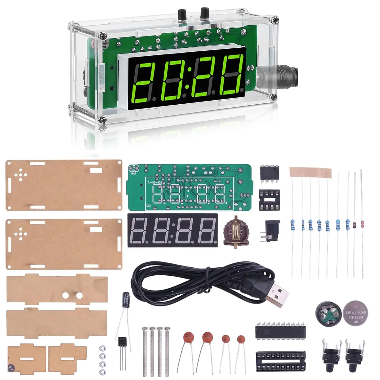 

DIY 4-Digit Digital Clock Kit with Acrylic Shell LED Display Alarm Clock Soldering Practice Kit for Electronics Learning Project