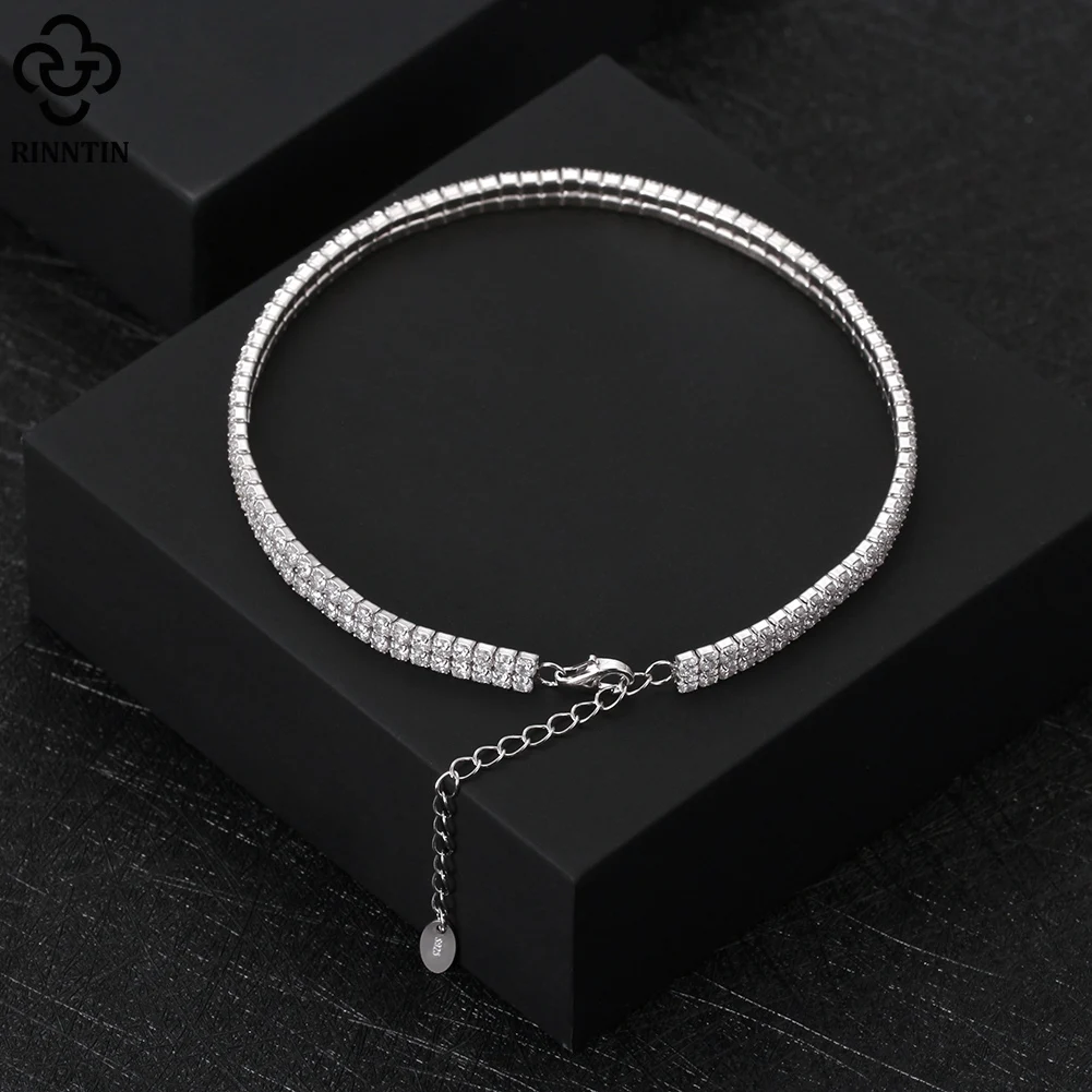 Rinntin Tennis Chain Anklet for Women 925 Sterling Silver Dainty Shiny Double Foot Chain Summer Delicate Elegant Jewelry SSA02