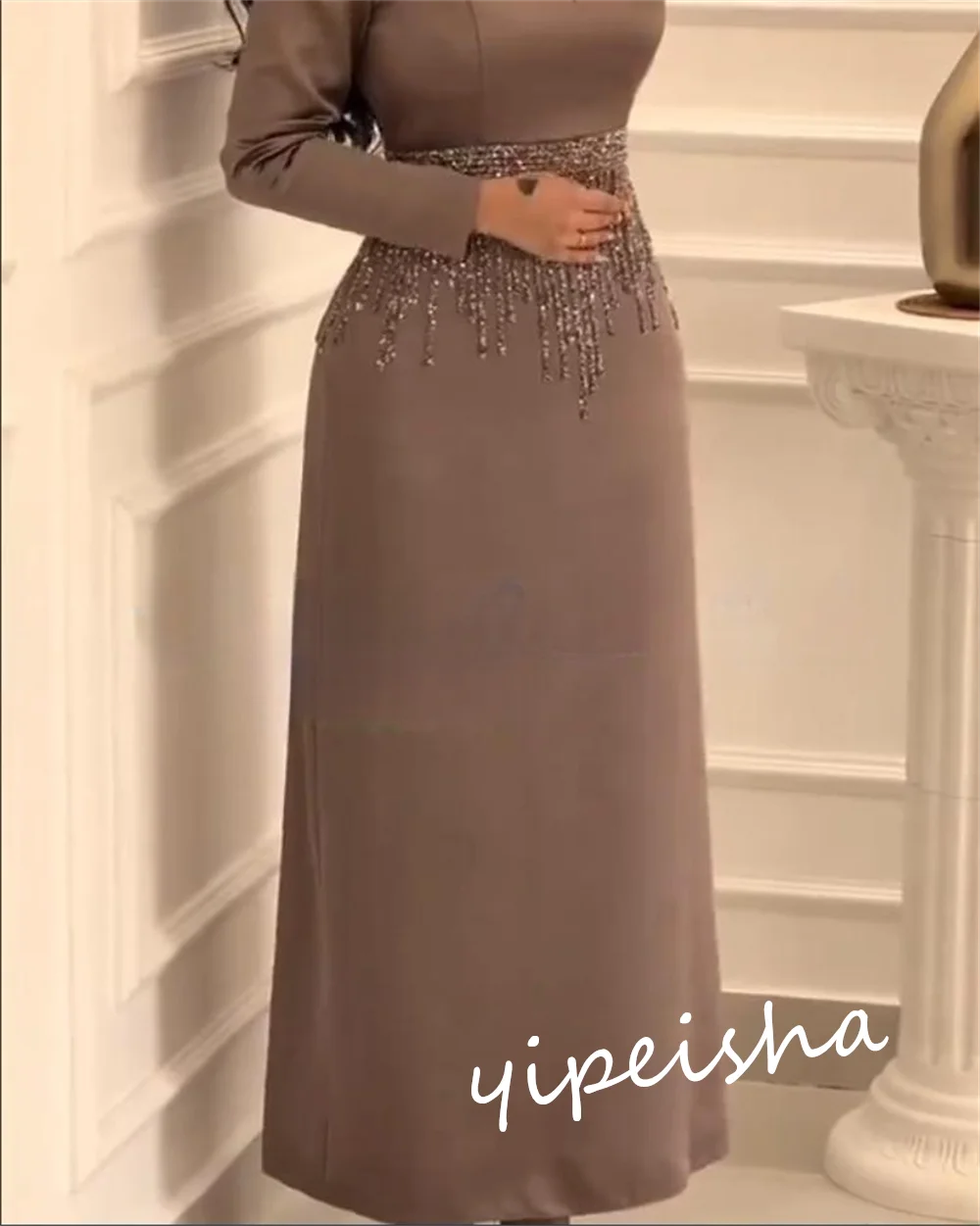 Jiayigong-Robe de Soirée Personnalisée de Style Moderne et Exquis, Tenue Formelle à Col Haut, Perles Trapèze, sur Mesure, pour Occasions