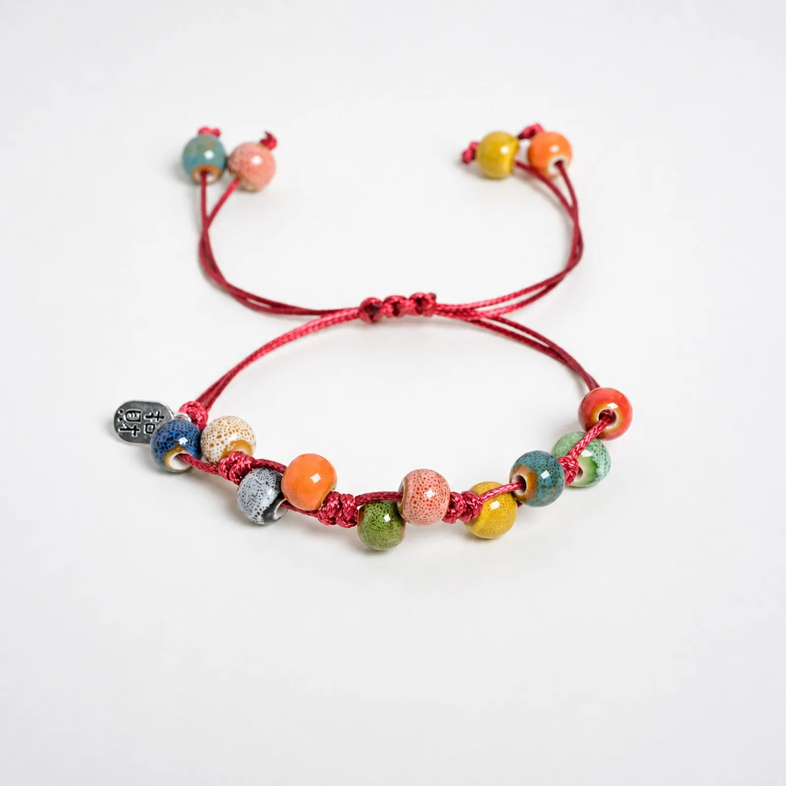 Handmade Ceramic Bead Bracelet with Adjustable Wax Cord, Hand-Woven Colorful Beads and Metal Fittings Y260705-19
