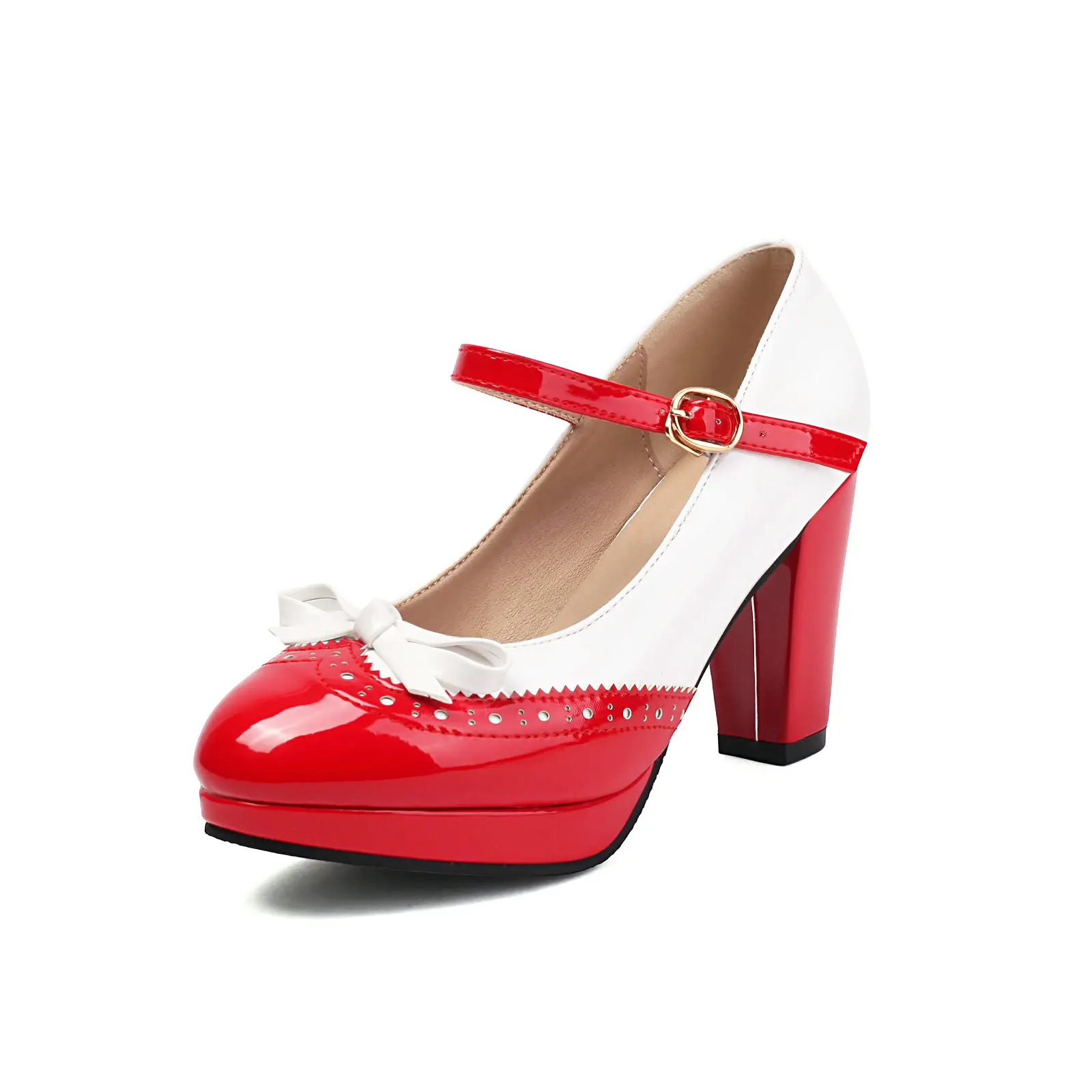 

Cute Mary Jane Shoes Comfy High Heels Pumps Shiny Patent Leather Summer Sweet Bow Decor