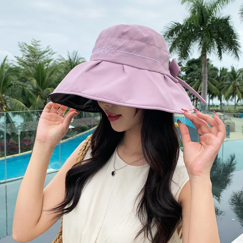 Korean Embroidery Letter Bow Vinyl Protective Summer Travel Folding Windproof Sun Hat New