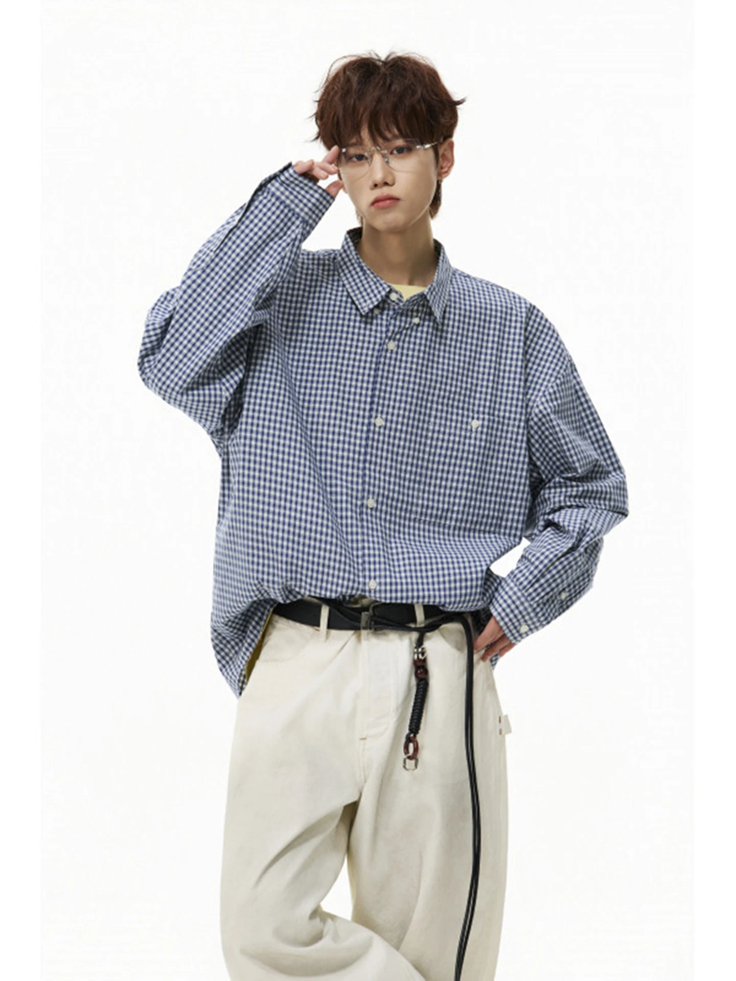 

American Retro Blue Plaid Long Sleeve Men's Shirt Casual Loose Style Spring New Trendy Brand Cool Looking Outerwear Coat