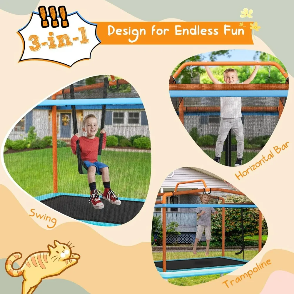 6FT Kids Rectangle Trampoline, 75” ASTM Approved Recreational Trampolines with Swing, Mini Toddler Trampoline w/Enclosure Net