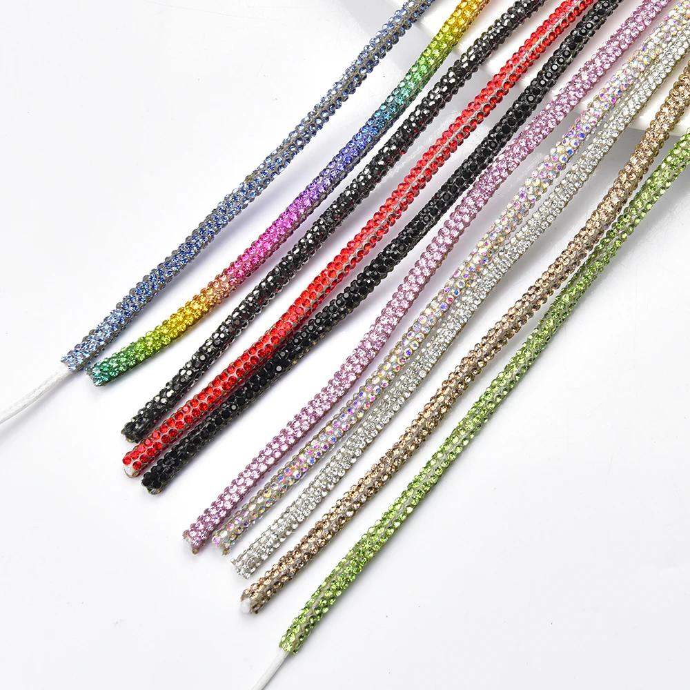 2/4Yards 4mm Glitter Glass Crystal Cord Rhinestone Rope Colorful Tube Trim Strass Bridal Dress Clothes Hairpin Shoes Bags Diy