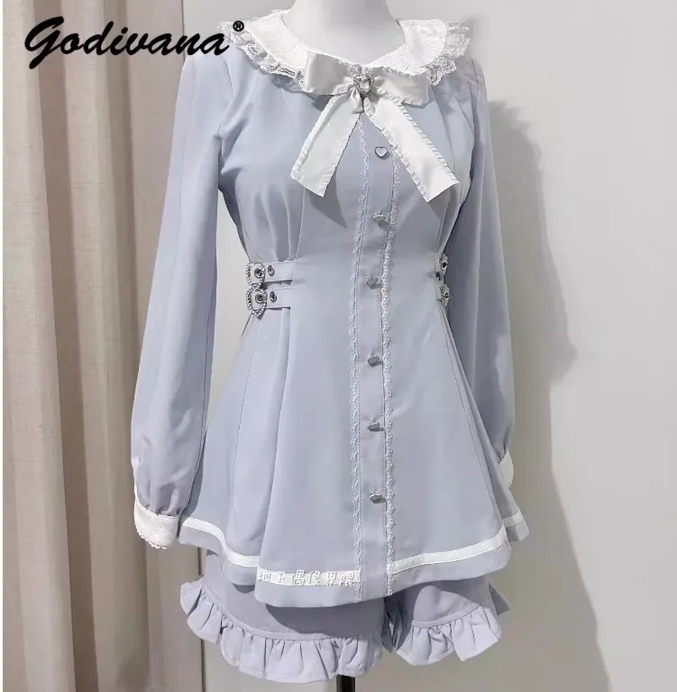 Japanese Mine Mass-Produced Heart Buckle Bow Lace Ruffles Slim Waist Dress Women Sweet Cute Lolita Long Sleeve Dress Shorts Set