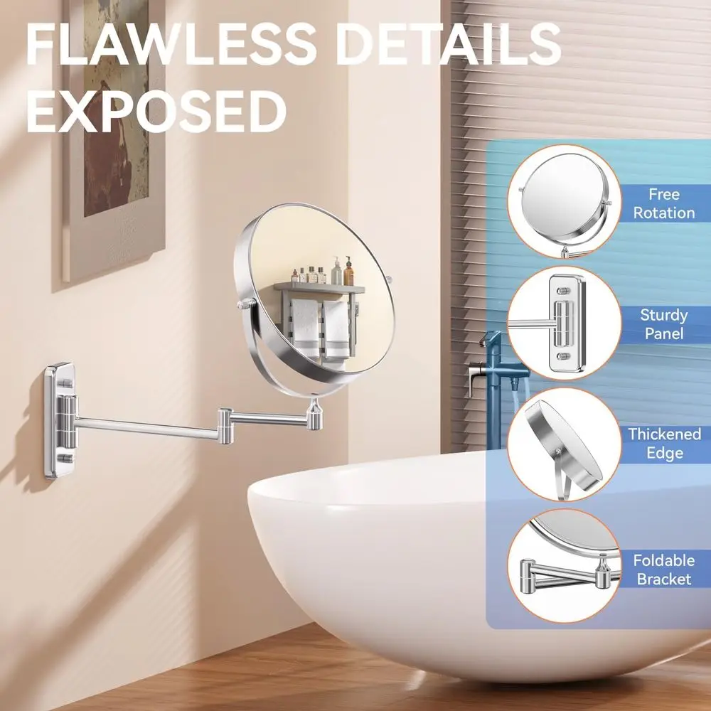 8 Miroir de maquillage mural double face 20X avec 360 °   Bras et pince à épiler rotatifs, finition chromée