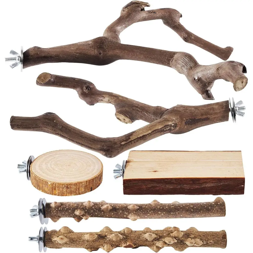 6-Piece Bird Perch Set - Natural Wood Grape Sticks, Paw Grinding, Bird Stand & Toys for Parakeets, Cockatiels, Conures, Budgies