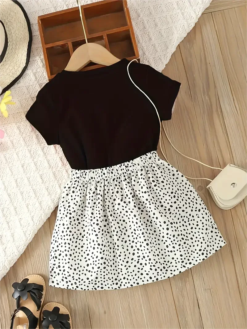 Girls 2-Piece Short Sleeve Top And Spotted Skirt, Smiling Kitten, Suitable For Girls Holiday Casual Dress, Costume Gift