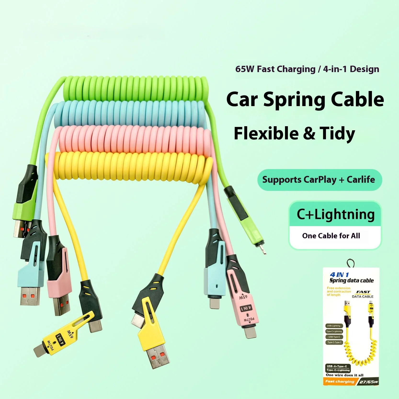 

4 in 1 65W Spring Short Data Cable 6A USB Type C Spring Telescopic Quick Fast Charger Wire Spring USB Cable for iPhone 13 14 15
