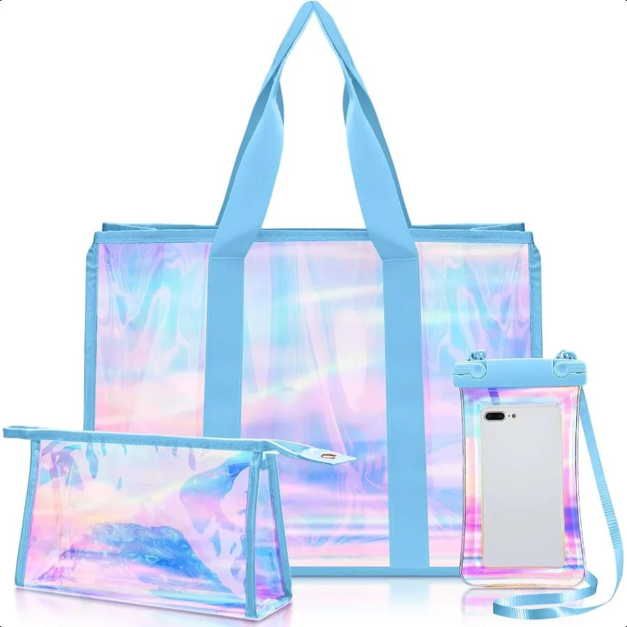 

3 Pcs Large Waterproof Tote Beach Bags for Women Iridescent Foldable Bag Cosmetic Pouch Phone Pouch for Beach Pool