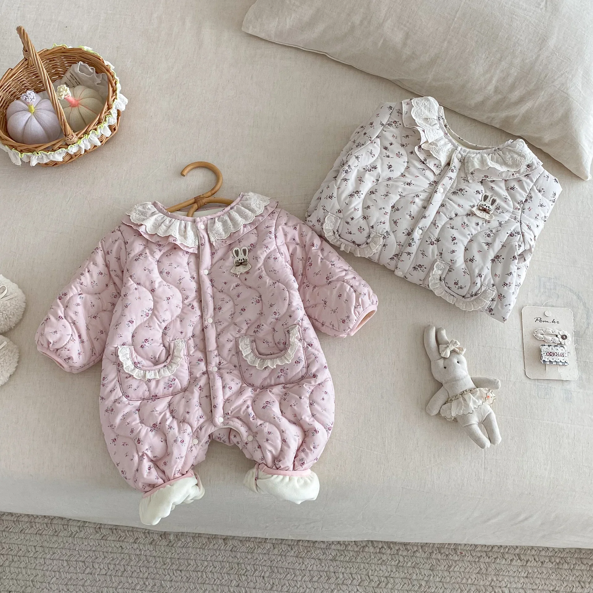 خمر الأزهار الطفل رومبير الدانتيل طوق الشتاء سميكة القطن مبطن الوليد بذلة 0-2Y الملابس #2