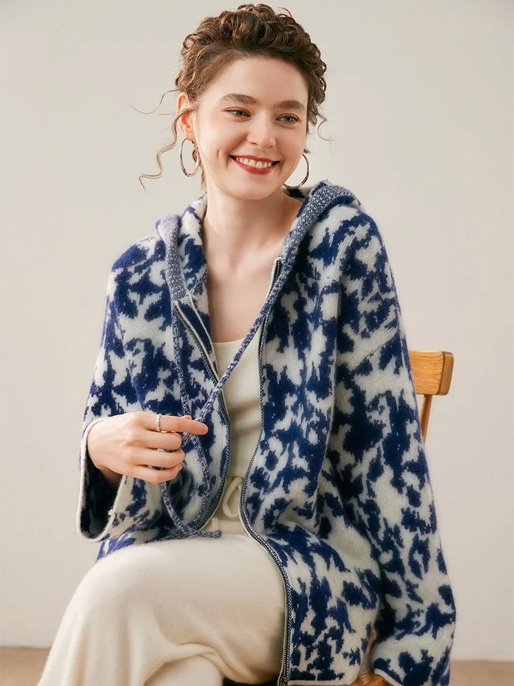 

Chinese Style Women Hoodie Cardigan Sweater 100% Cashmere Sweater Autumn Winter Warm Clothing Drawstring Porcelain Patterns Knit