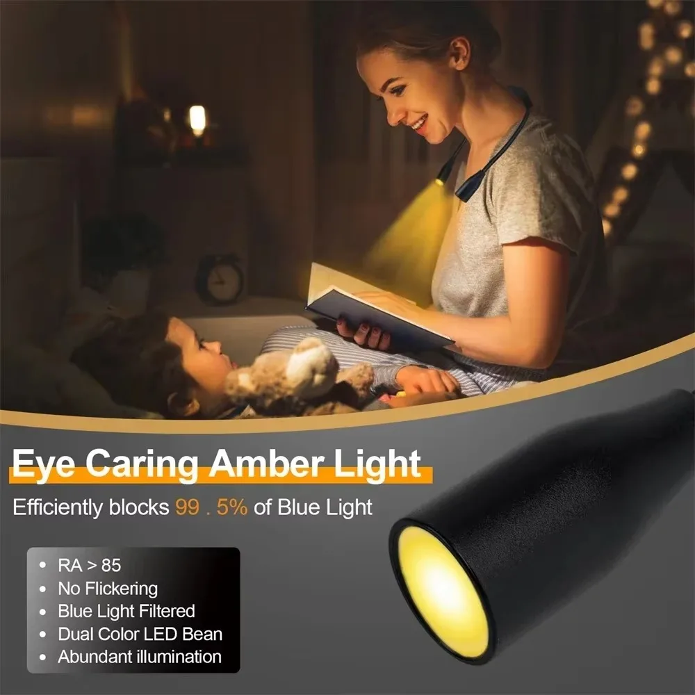 Rechargeable Handsfree Neck Book Light LED Reading Lamp 360 Adjustable Arm Eye Care Night Light for Bed Travel